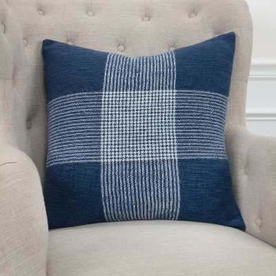 20" Indigo and White Plaid Cotton Throw Pillow