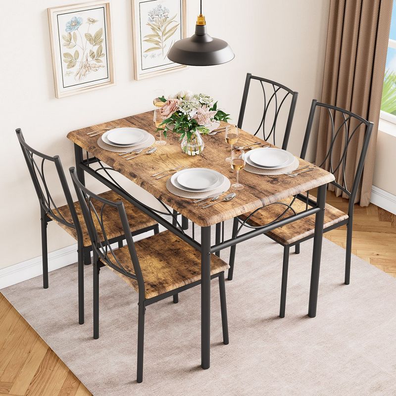 Dining Table Set of 4, Rectangular Dining Room Table Set with 4 Chairs for Small Space, 5 Piece Kitchen Table, Apartment, Retro Brown, 2 of 9
