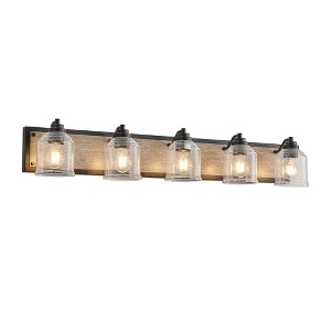 VYNXARIA Black and Wood Grain Wall Lights, 40" Farmhouse Vanity Fixture with Clear Seeded Glass Shades for Bathroom and Powder Room - 1 of 4