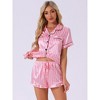 cheibear Women's Fashion Silky Satin Short Sleeve Top with Ruffle Hem Shorts Lounge Sets 2 Pcs - 3 of 4
