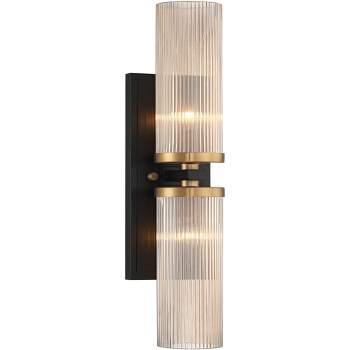 Stiffel Modern Wall Light Sconce Black Brass Hardwired 4 1/4" 2-Light Fixture Ribbed Champagne Glass Shade for Bedroom Bathroom Vanity Living Room