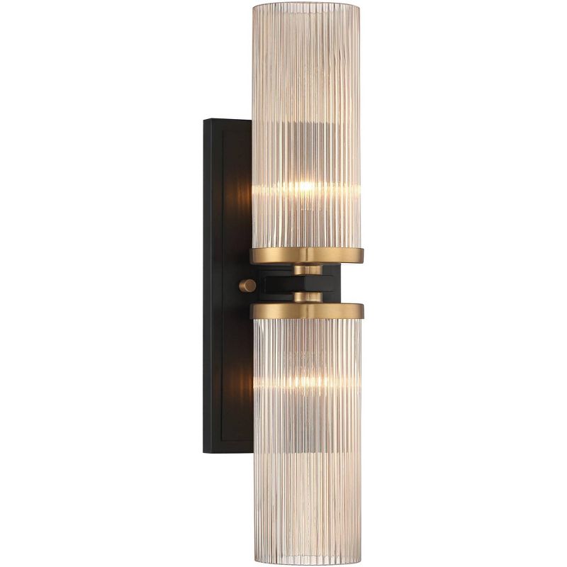 Stiffel Modern Wall Light Sconce Black Brass Hardwired 4 1/4" 2-Light Fixture Ribbed Champagne Glass Shade for Bedroom Bathroom Vanity Living Room, 1 of 10