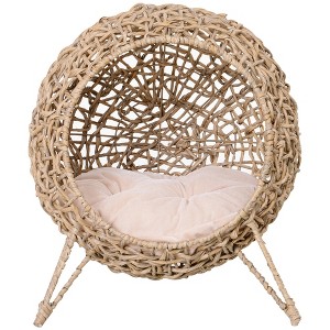 Maliang 20.5" Weaved Cat Bed, Elevated Hand-woven Braided Banana Leaf Kitten House Condo with Cushion, Beige - 1 of 4