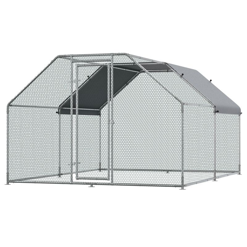 PawHut Chicken Coop Galvanized Metal Hen House Large Rabbit Hutch Poultry Cage Pen Backyard with Cover, Walk-In Pen Run, 1 of 7