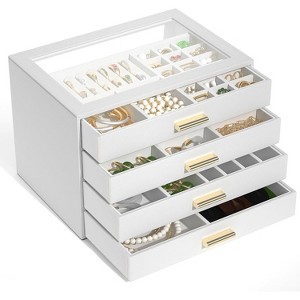 Leather Jewelry Box with Clear Lid, 2-Drawer Storage Organizer Case for Necklaces, Rings, Earrings, Bracelets - 1 of 4