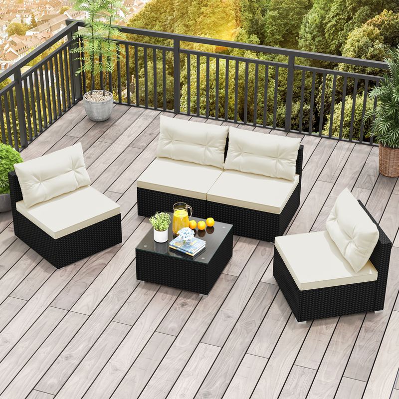 Tangkula 5 Pieces Outdoor Patio Furniture Set Sectional PE Rattan Sofa Set with Cushions and Tempered Glass Coffee Table, 3 of 10