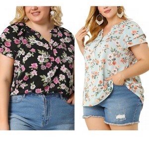 Women's Plus Size 2 Pieces Floral Ruffle Trim Layered Sleeve Notched Neck Button Layered Sleeve Blouses - Agnes Orinda - 1 of 4