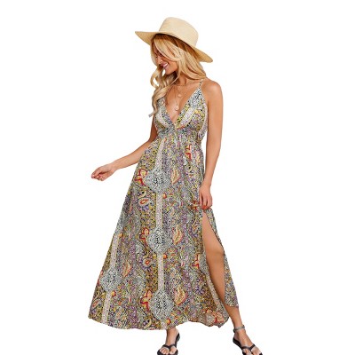 Women's Vibrant Paisley Print Maxi Dress with Side Slit - Cupshe