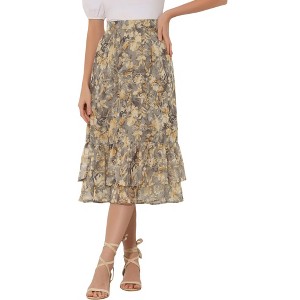 INSPIRE CHIC Women's Chiffon Elastic Waist Ruffle Tiered Flowy Midi Floral Printed Skirts - 1 of 4