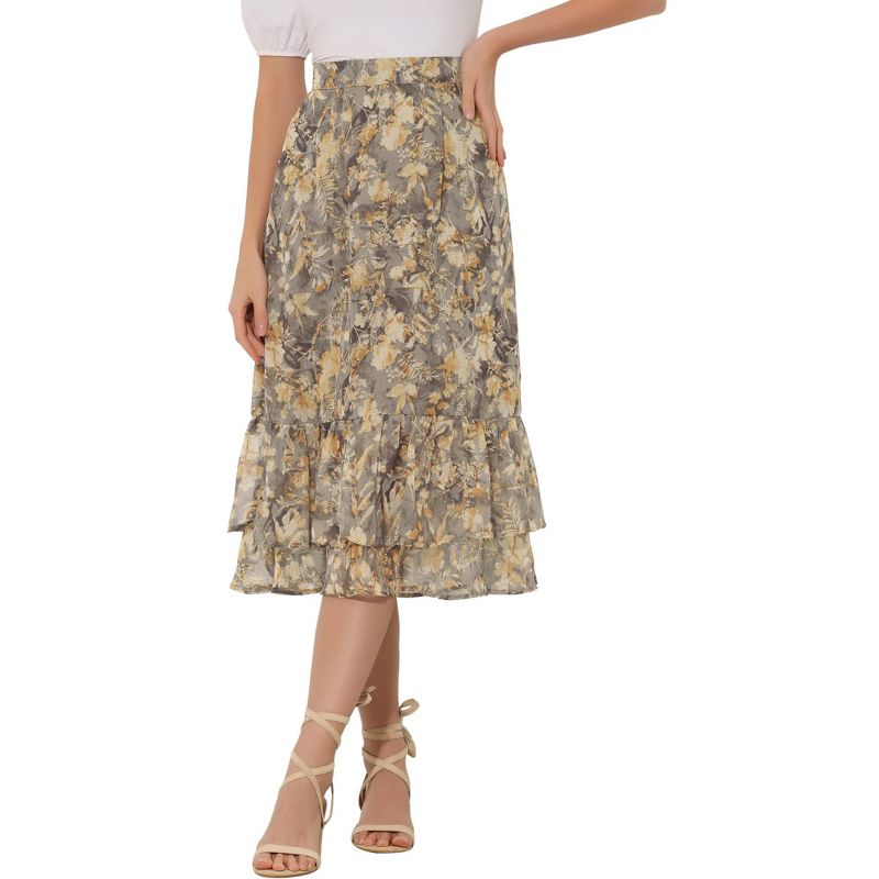 Allegra K Women's Chiffon Elastic Waist Ruffle Tiered Flowy Midi Printed Skirts, 1 of 9