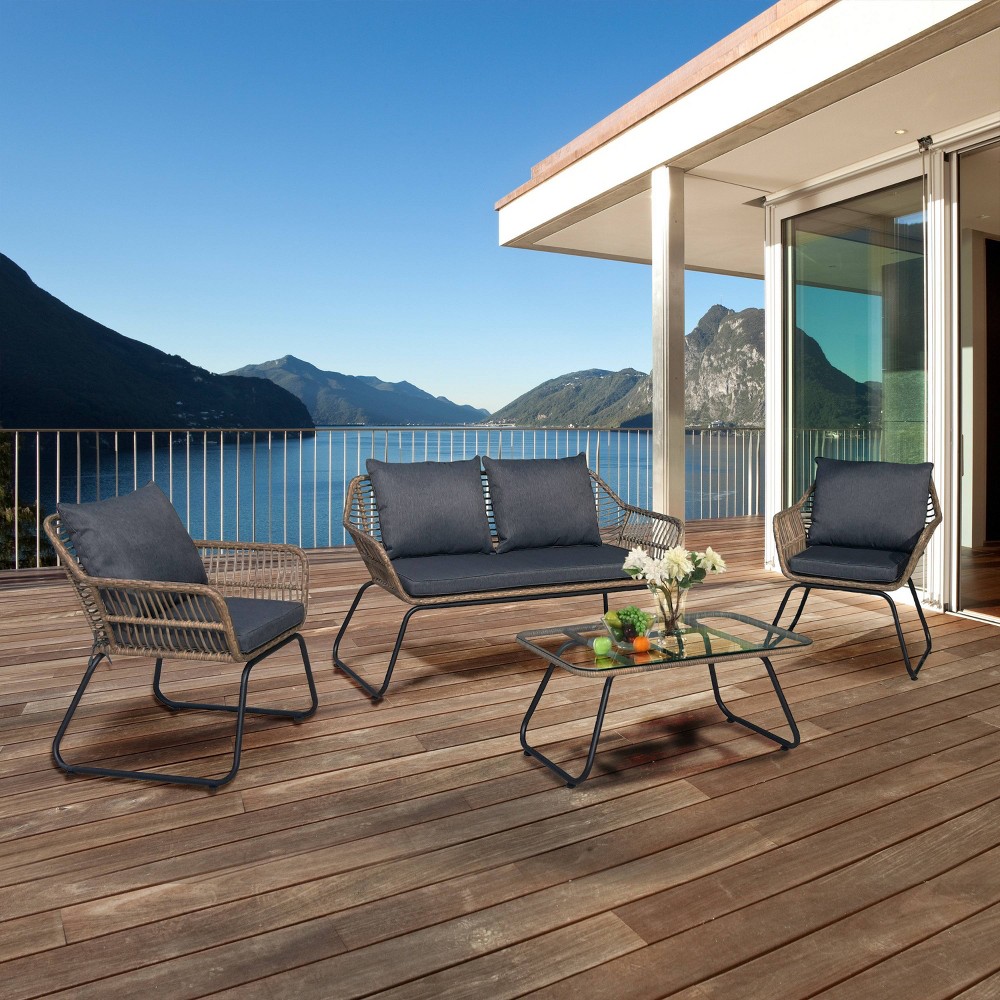 Lugano 4pc Rattan Wicker Outdoor Patio Sofa Seating Set with Cushions Natural Gray DUKAP