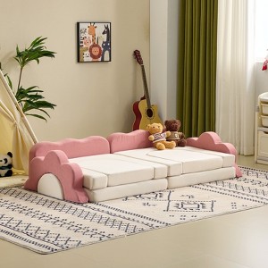 Angel Sar 12-Piece Modular Kids Sofa Set, All-Sponge Construction with Pink & White Colorblock Corduroy, Free-Combination Play Furniture - 1 of 4