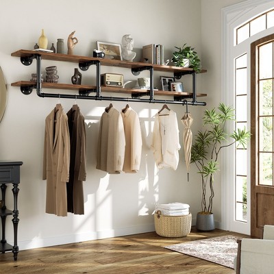Aheaplus 2 Tiers Heavy Duty Pipe Clothing Shelves with Hanging Rod, 47-73in Space-Saving Wall Mounted Clothing Rack with Top Shelf