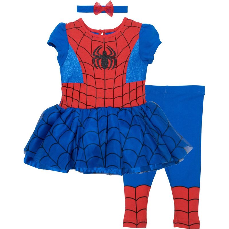 Marvel Spider-Man Tulle Cosplay Dress Leggings and Headband 3 Piece Newborn to Little Kid , 1 of 8