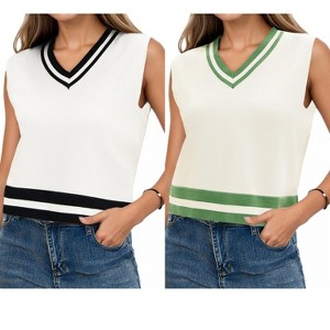 ATHLECHIC Women's Summer Knit Color Block Sleeveless V Neck Loose Fit Preppy Trendy Tank Tops 2 Packs - 1 of 4