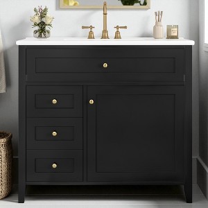 Mshliw 36" Freestanding Bathroom Vanity with Sink, 3 Drawers & Adjustable Shelf, MDF & Rubberwood Cabinet, Faucet Not Included - 1 of 4