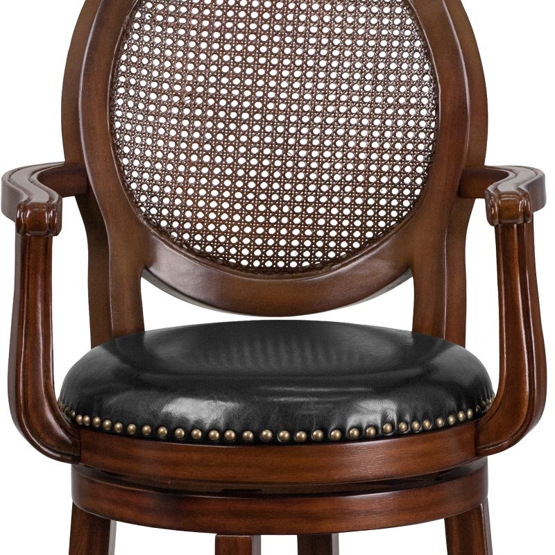 Flash Furniture 30'' High Expresso Wood Barstool with Arms, Woven Rattan Back and Black LeatherSoft Swivel Seat, 4 of 8