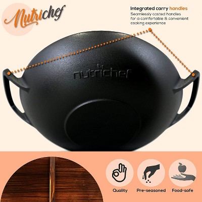 Nutrichef Pre Seasoned Cooking Wok Cast Iron Stir Fry Pan With Griddle