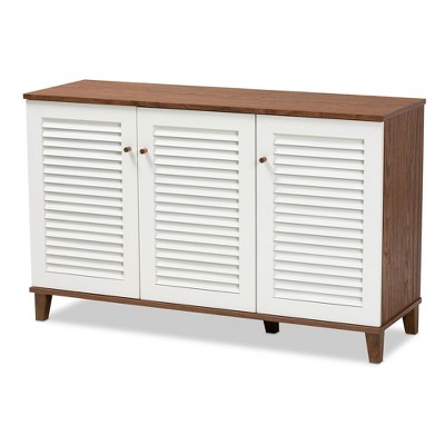 Coolidge 8 Shelf Wood Shoe Cabinet White walnut Baxton Studio Mid century Modern Storage 16 Pair Capacity Target