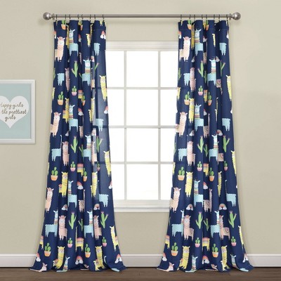 52"x84" Make A Wish Southwest Llama Cactus Window Curtain Panels Set Navy - Lush Décor