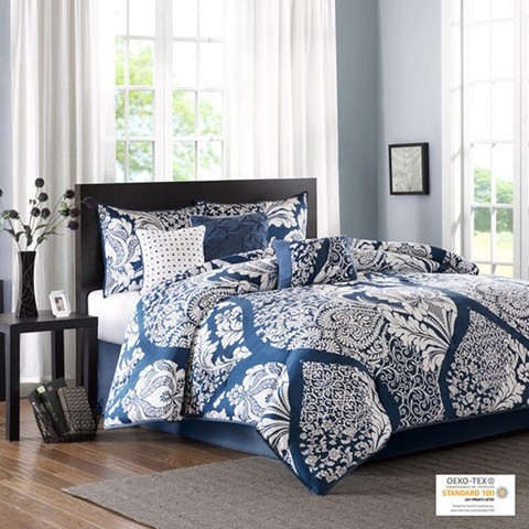 GDFStudio Woolley 7 Piece Cotton Printed Comforter Bedding Sets, Indigo/Queen