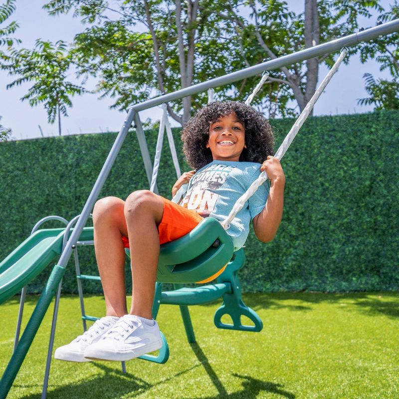The Swing Company Rochester Metal Swing Set with Roman Glider Saucer Swing and 5&#39; Slide, 6 of 12