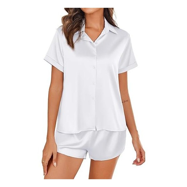 Pijama de Seda para Mujer Ekouaer, Conjunto de Manga Corta con Botones, 2 Piezas 2