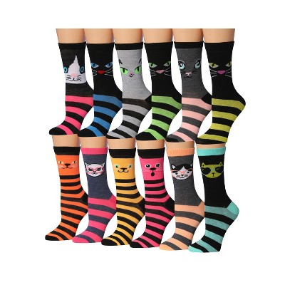 Women's 12 Pairs Lightweight Colorful Whisker Stripes Patterned Crew Socks