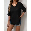 Women's Waffle Knit V Neck Top with Side Slits Half Sleeve Casual Tunic - 2 of 4