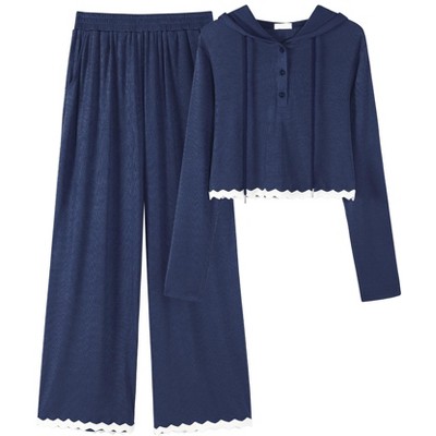 ATHLECHIC Women's Casual Lounge Cropped Half Button Hoodie Top Wide Leg Pants Ribbed Knit Tracksuit Two Piece Sets