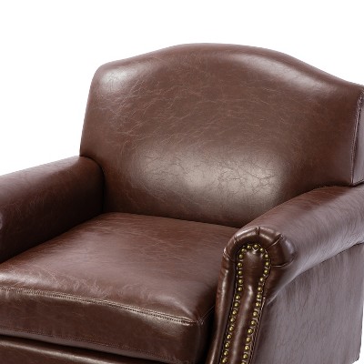 Brown Faux Leather Armchair with Nailhead Trim and Wood Frame