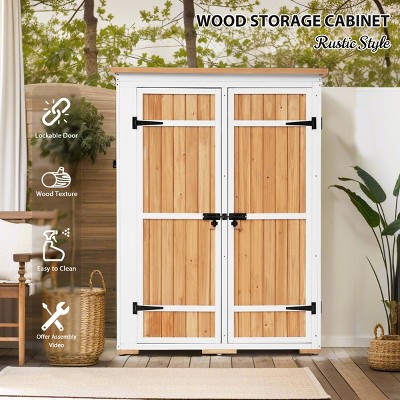 Coolbibila-Wood Storage Shed, Garden Tool Cabinet With Waterproof Roof, Garden Workstation With Four Lockable Doors And Multiple-Tier Shelves