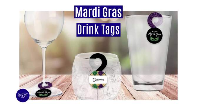 Big Dot of Happiness Mardi Gras - Masquerade Party Paper Beverage Markers for Glasses - Drink Tags - Set of 24, 2 of 10, play video
