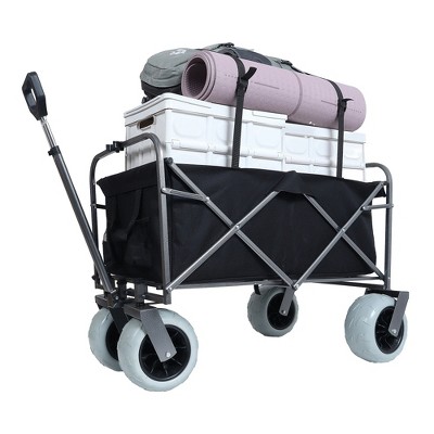 SKRAN Collapsible Folding Beach All Terrain Steel Frame Utility Cart  500lbs Capacity,Strap with Multiuse Bag,for Camping,Outdoor,Black