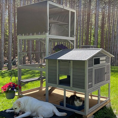 Large Gray Wooden Outdoor Cat House with Vertical Climbing Enclosure