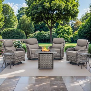 Gymojoy 7 Pieces Outdoor Patio Wicker Swivel Chair with 6 Inch Cushions and Fire Pit Table - 1 of 4