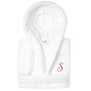 Personalized Linum Kids 100% Polyester SUPER PLUSH Double Brushed Hooded Bathrobe in Pink Script Font - 1 of 3