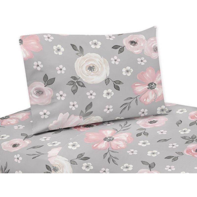 Sweet Jojo Designs Kids Twin Sheet Set Watercolor Floral Grey and Pink 3pc, 1 of 5