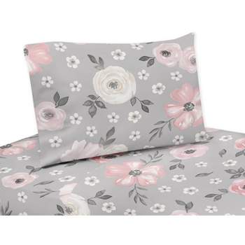 Sweet Jojo Designs Kids Twin Sheet Set Watercolor Floral Grey and Pink 3pc