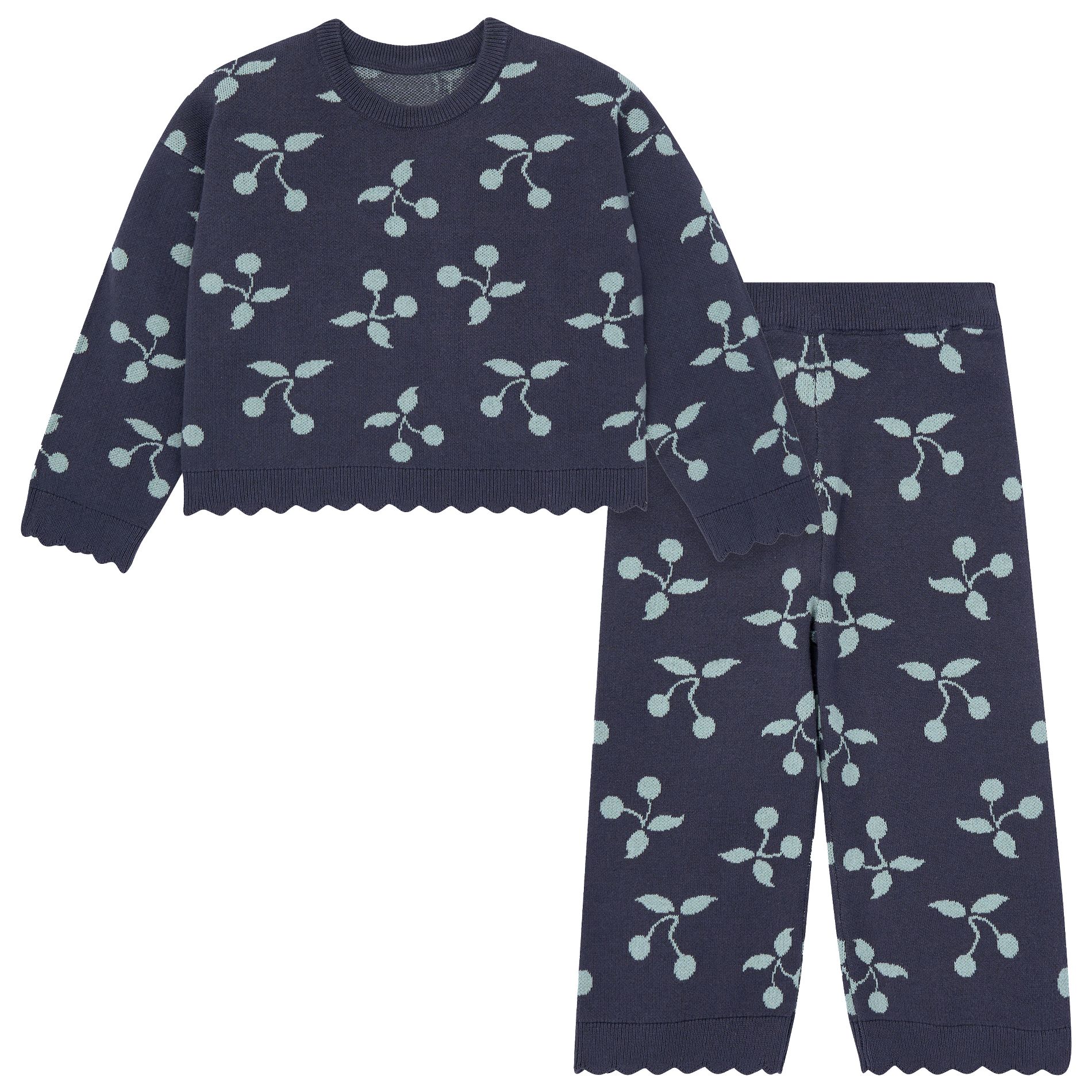 Modern Moments by Gerber Toddler Girls' 2-Piece Jacquard Sweater Knit Top  and Pant Set, Blue Fruit, 3T