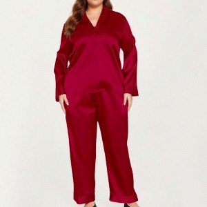 Anna-Kaci Lounge Women's PLus Size 2-Piece Satin Pajama Set with Relaxed Button Front Top and Wide-Leg Pants - 1 of 4