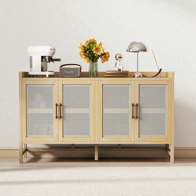 Sideboard Buffet Cabinet with Rattan Doors, Pine Veneer Finish, Adjustable Shelves and Solid Wood Legs, Storage for Dining Room, Kitchen