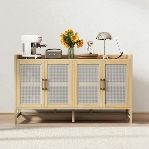 Sideboard Buffet Cabinet with Rattan Doors, Pine Veneer Finish, Adjustable Shelves and Solid Wood Legs, Storage for Dining Room, Kitchen - 1 of 4