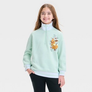 Girls' Pokemon Floral Eevee Elevated 1/4 Zip Sweatshirt - White/Lime Green - 1 of 4