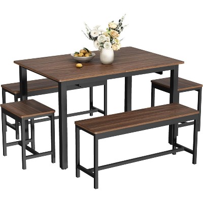 5-Piece Extendable Dining Table Set for 4-8 People,63 Inch Kitchen Table with 2 Benches & 2 Stools,Space Saving Modern Dining Room Furniture - Black