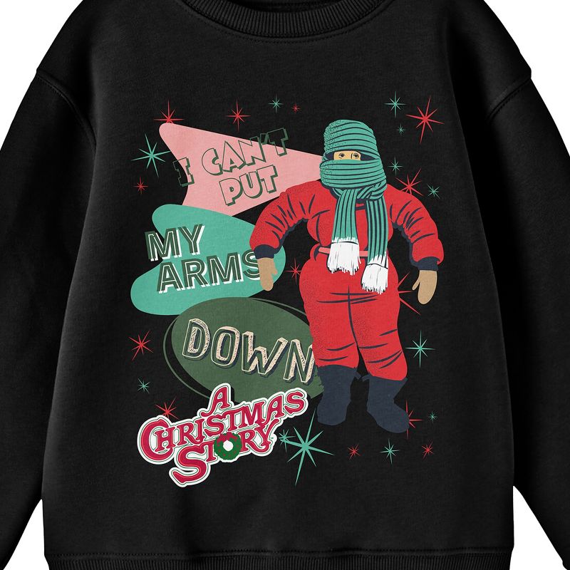 A Christmas Story I Can't Put My Arms Down Crew Neck Long Sleeve Black Youth Sweatshirt, 2 of 3