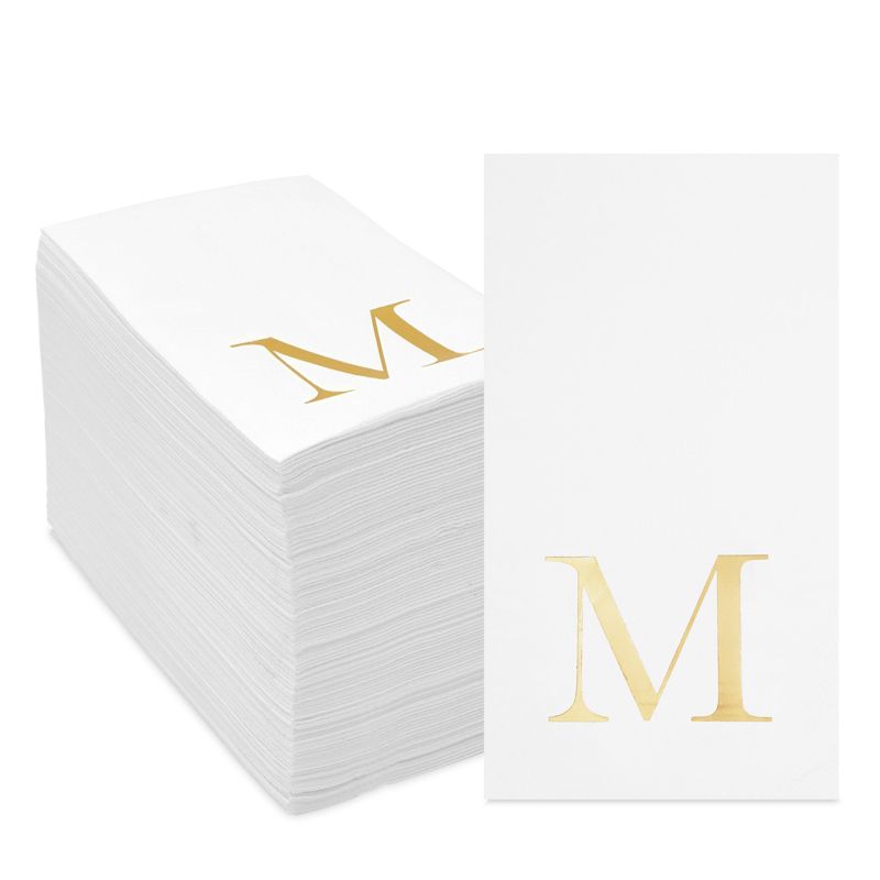 Sparkle and Bash 100 Pack Gold Foil Initial Letter M White Monogram Paper Napkins for Dinner Party, 4 x 8 In, 1 of 8