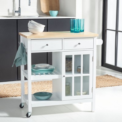 White and Natural Wood Kitchen Cart with Storage