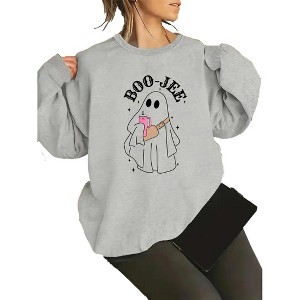 Halloween Graphic Sweatshirts for Plus Size Women Halloween Sweatshirt Long Sleeve Funny Letter Fall Tops,Light Grey - 2XL - 1 of 4