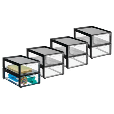 mDesign Plastic Office Storage Stack Organizer with Drawer, 2 Pack,  Black/Clear